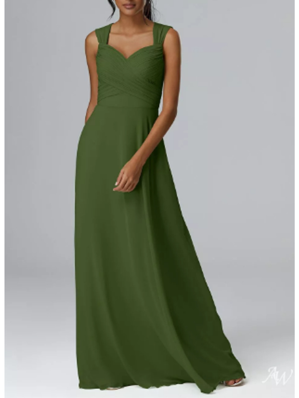 AW BRIDAL 2 XS green olive chiffon Meredith bridesmaid gala maxi dress NEW 0B13